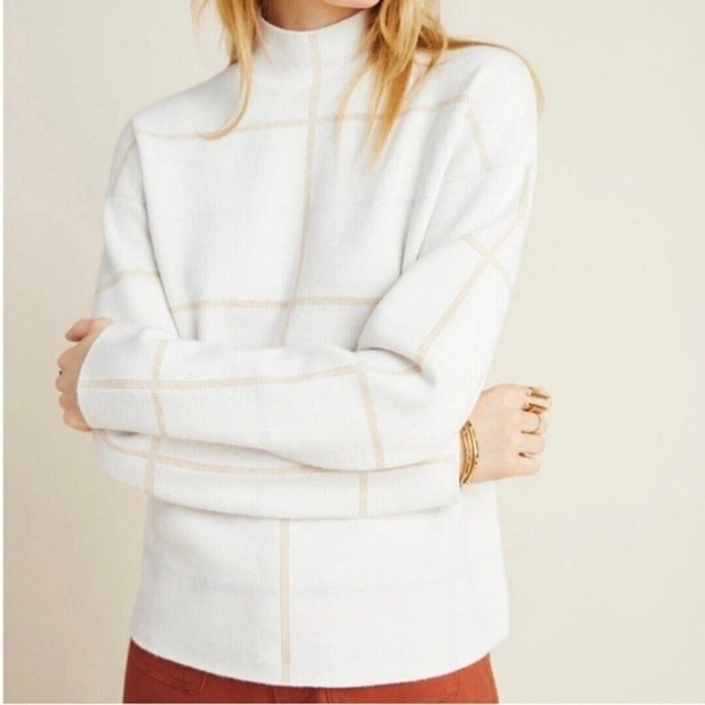 Anthropologie Ivanna Lizzie Mock Neck Sweater Windowpane Cream Plaid S 943